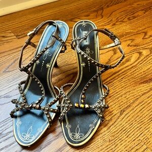 PRADA Metallic Bronze Leather Crystal Stud Embellished Strappy Sandals Pumps 40